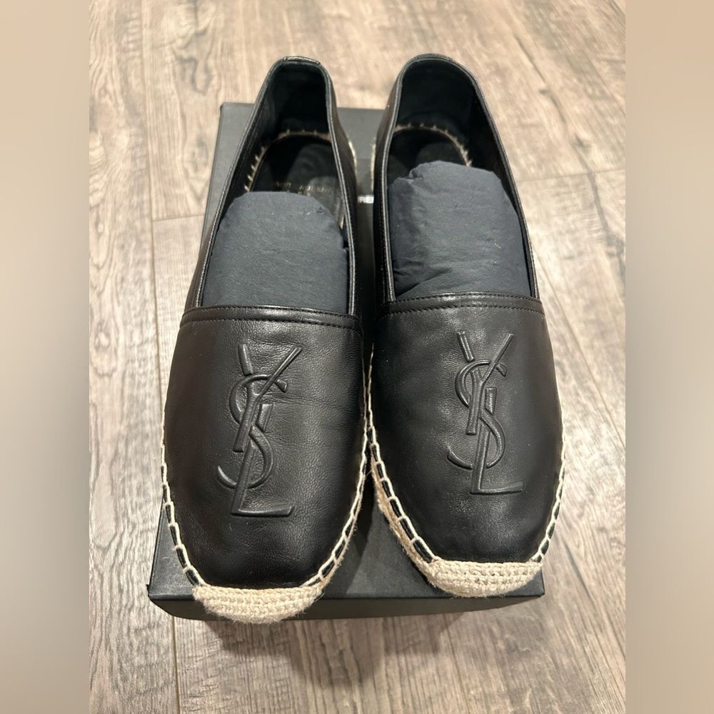YSL Saint Laurent Black Nappa Leather Espadrilles Flat Shoes Logo - Picture 2 of 7